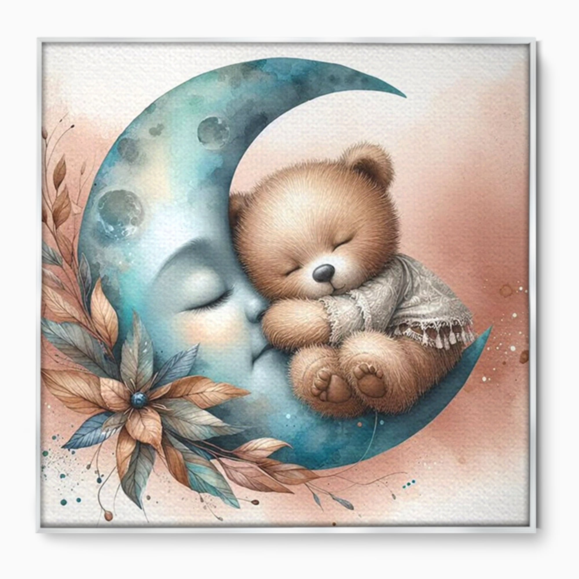 Tablou canvas cu tablou canvas cu ursulet adormit pe luna, in rama de aluminiu argintiu
